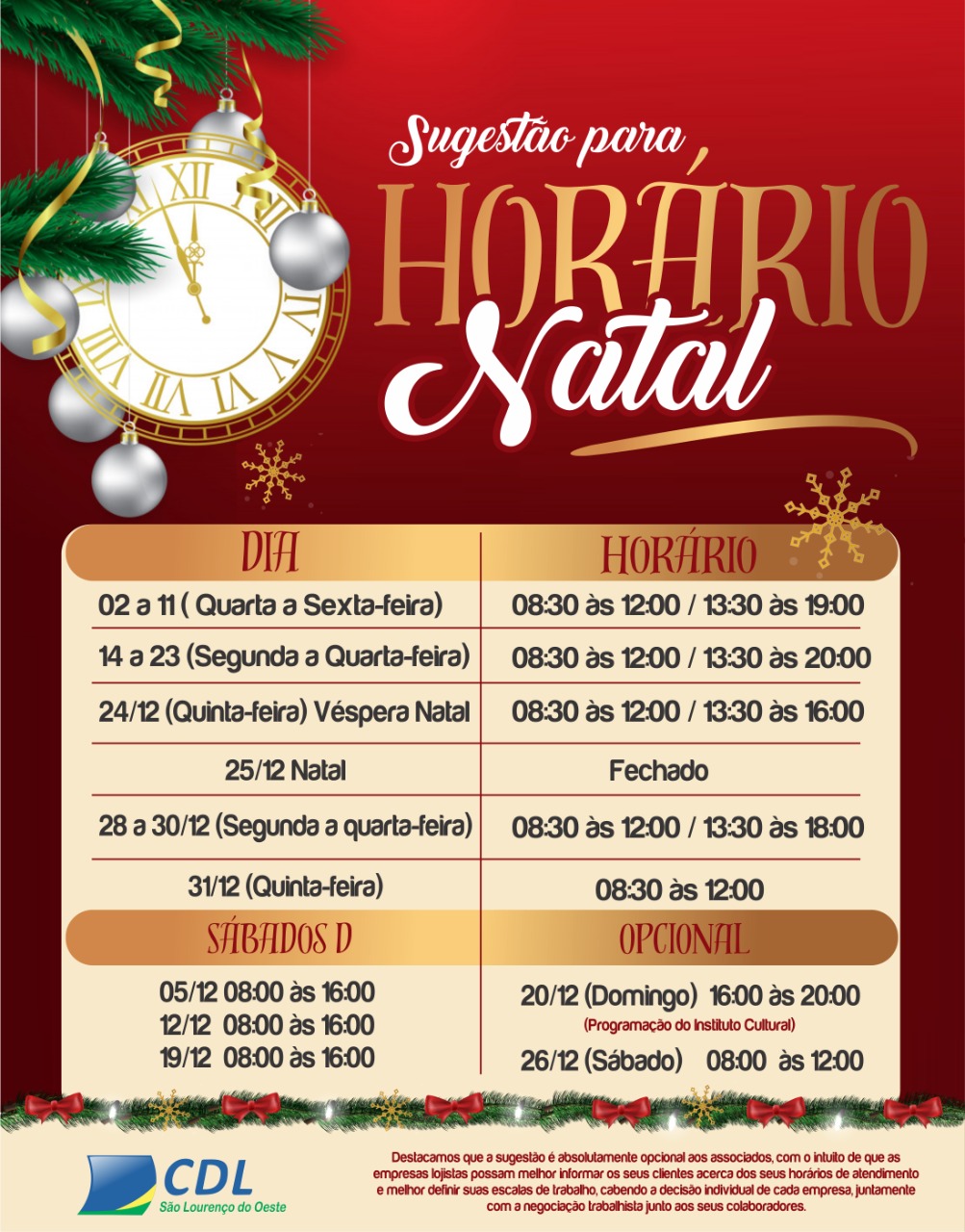 CDL sugere novo horário de atendimento no comércio para o mês de dezembro | CDL de São Lourenço do Oeste CDL sugere novo horário de atendimento no comércio para o mês de dezembro | CDL de São Lourenço do Oeste